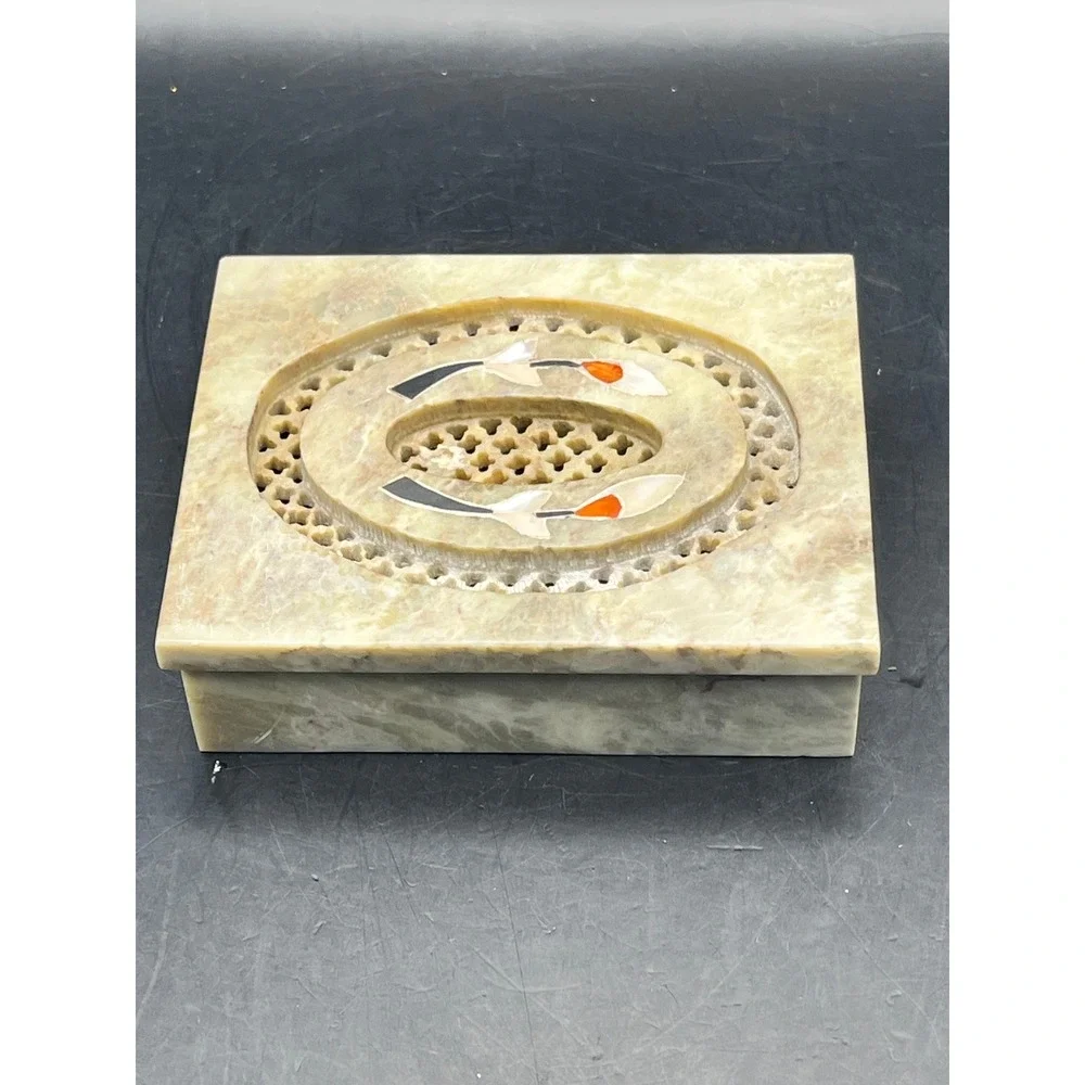 Vtg Soapstone Trinket Box w/ Inlay Small Decorative Jewelry Detailed 4